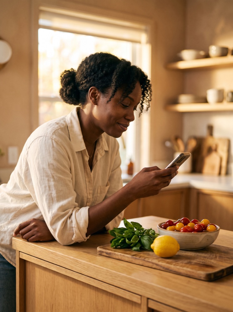 Une femme retrouve une recette sur son téléphone dans sa cuisine