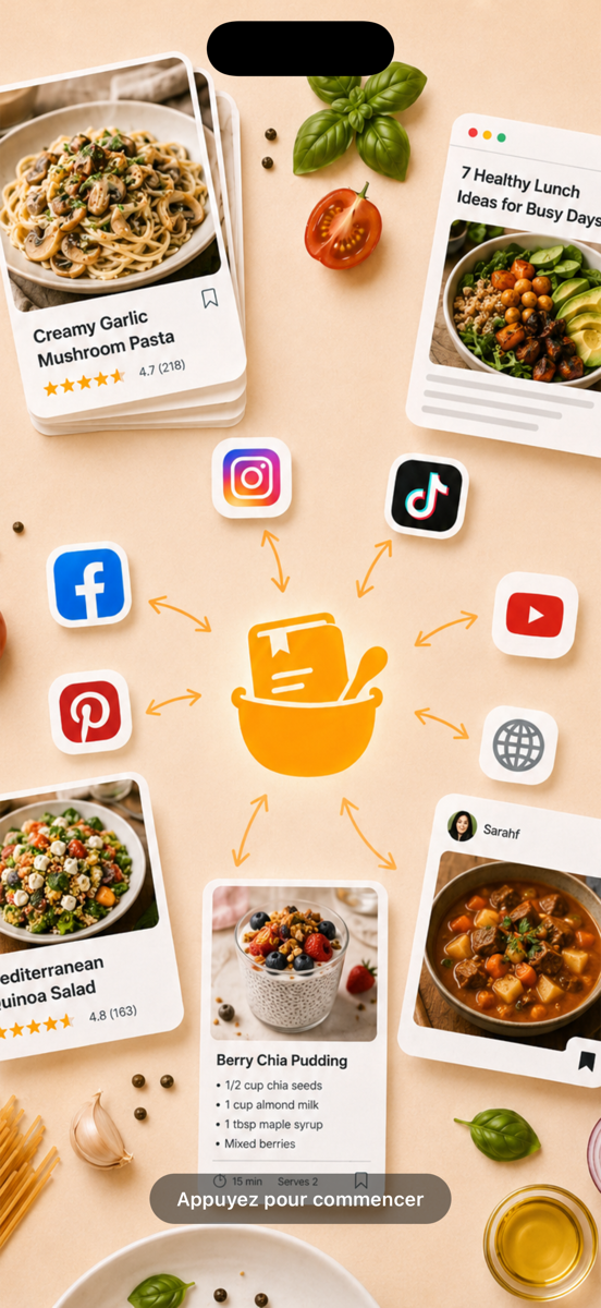 L'écran d'accueil de Nyama : des recettes venues d'Instagram, de TikTok, de YouTube et de sites de cuisine convergent vers l'application.