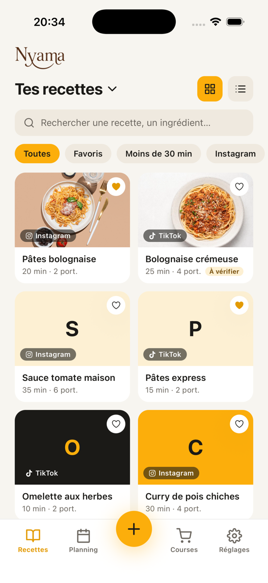 La bibliothèque « Tes recettes » de Nyama : une grille de recettes avec leur provenance, Instagram ou TikTok, et une barre de recherche.