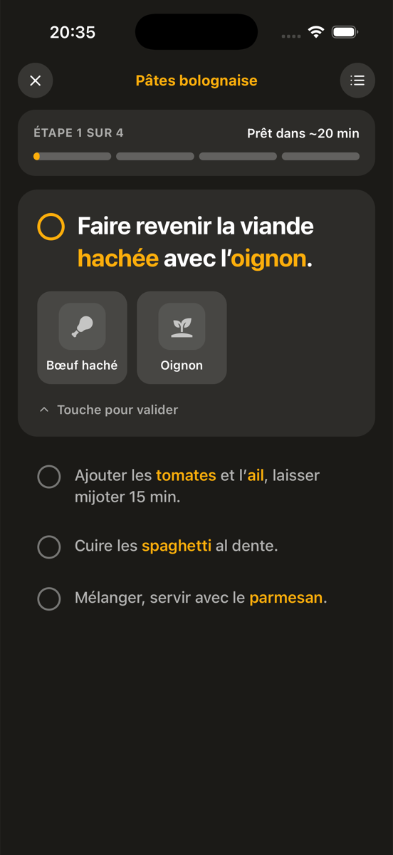 Le mode cuisson de Nyama : « étape 1 sur 4 », l'étape en cours en grand avec ses ingrédients, les suivantes en dessous.