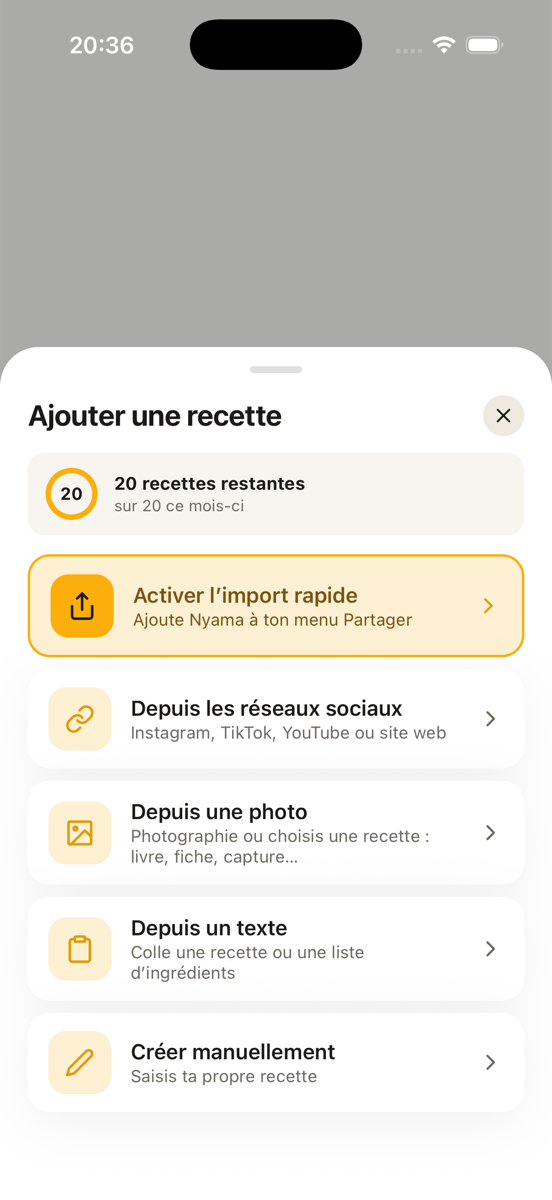 La feuille « Ajouter une recette » de Nyama : depuis les réseaux sociaux, depuis une photo, depuis un texte, ou à la main.